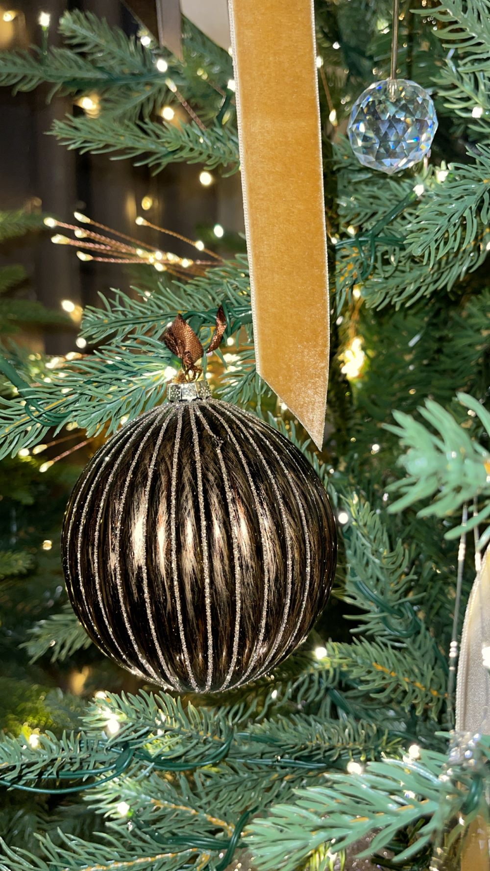 Vintage Bronze Striped Glass Ball Ornament - Set of 6