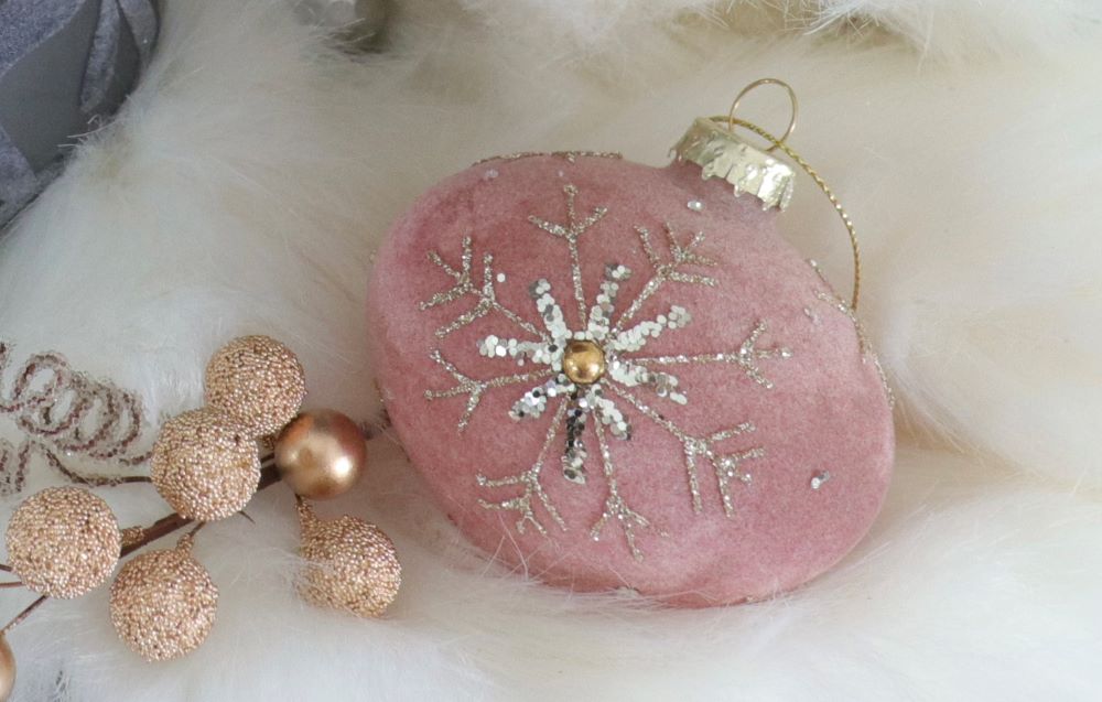 Pink Velvet Glitter Snowflake Glass Onion Ornament