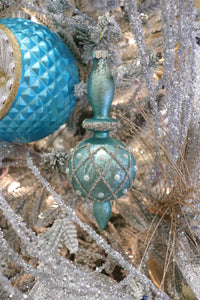 Vintage Blue Finial Glass Ornament with Pearls