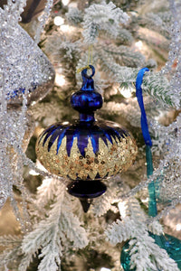 Blue Finial Glass Ornament with Gold Sequins - Set of 4