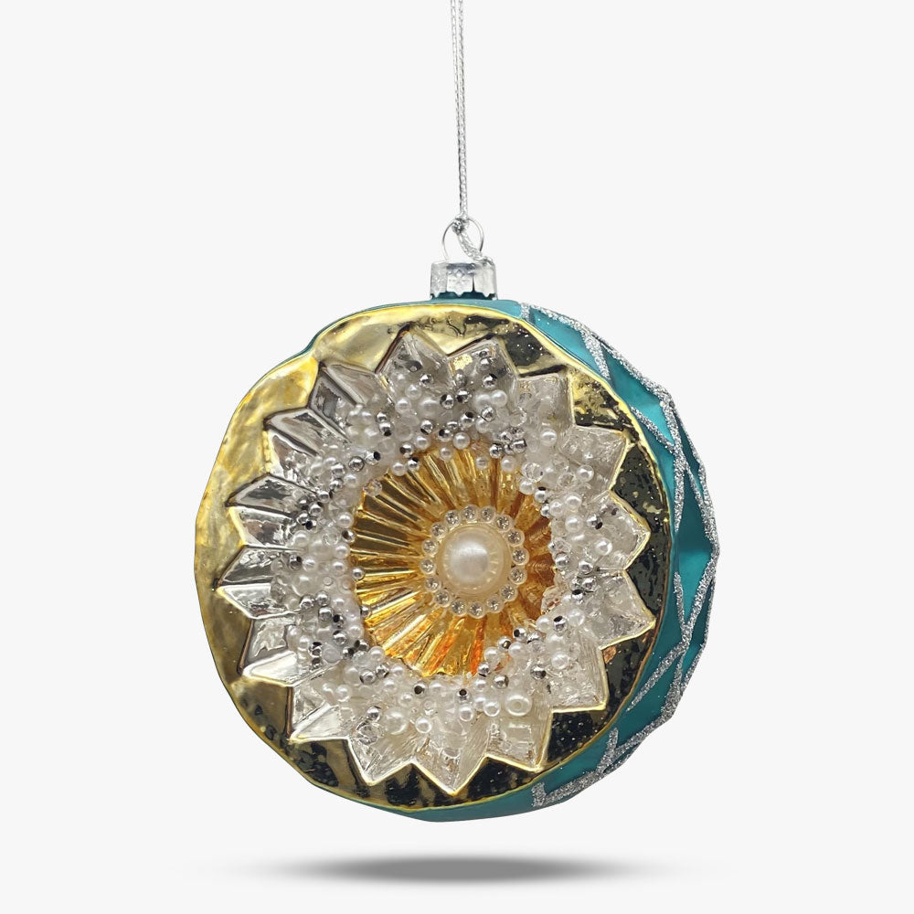 Reflector Glass Ball Ornament with Pearls - Turquoise