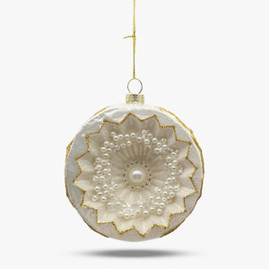 Reflector Glass Ball Ornament -White & Gold with Pearls