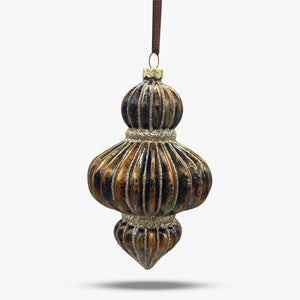 Vintage Bronze Striped Finial Glass Ornament - Set of 12