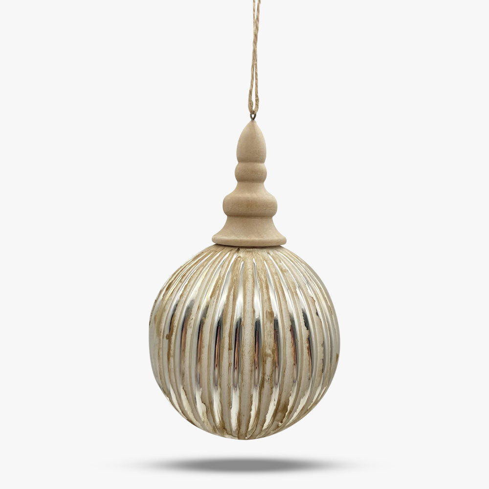 Vintage Ridged Glass Ball Ornament with Wood Topper